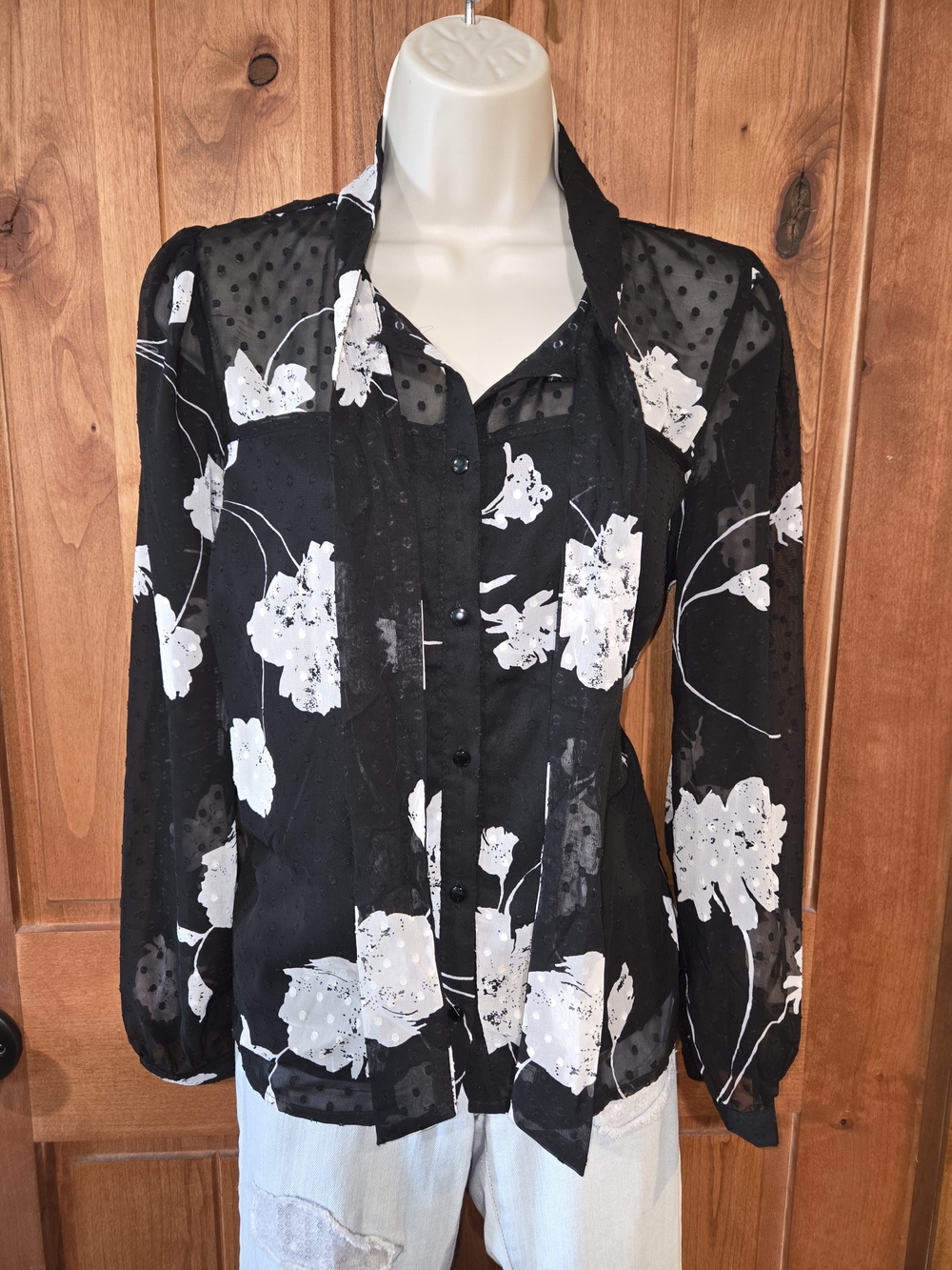 Monteau Black Floral‎ Sheer Sleeve,  Button-Front Blouse with  Tie Neck